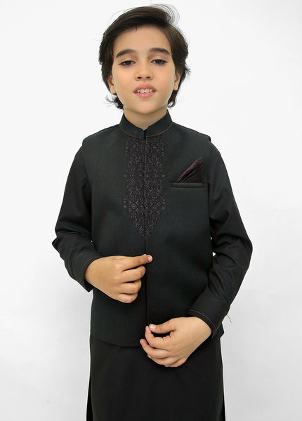 Kids Shalwar Kameez with Black Hand Emb Waistcoat