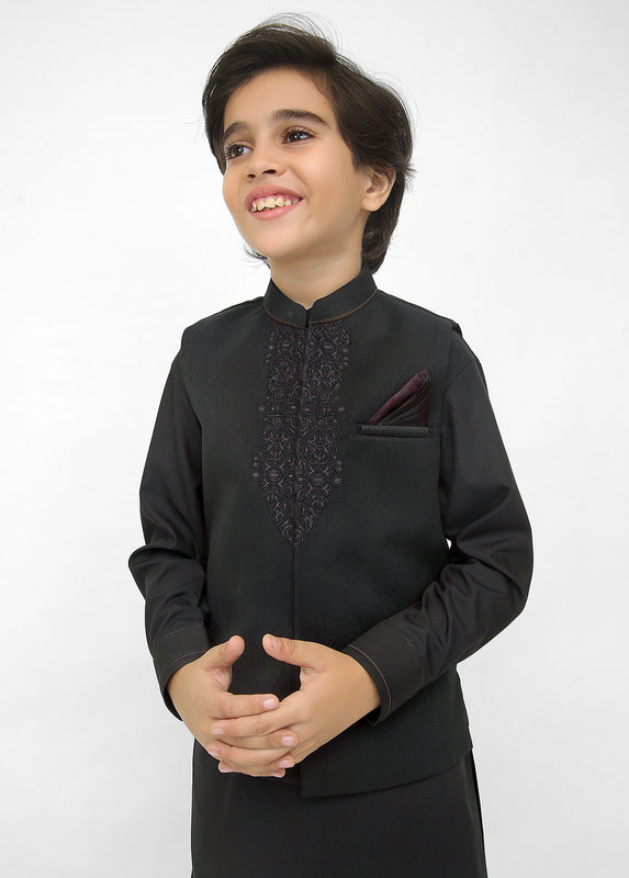 Kids Shalwar Kameez with Black Hand Emb Waistcoat