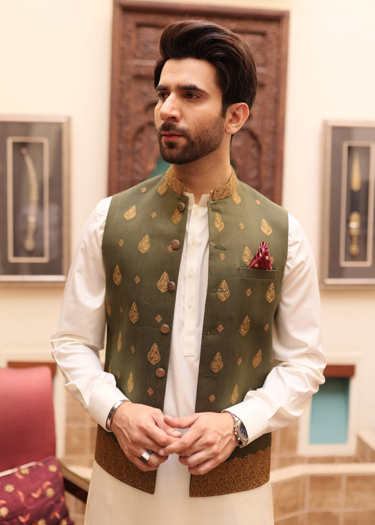 Mehndi Green Men Waistcoat