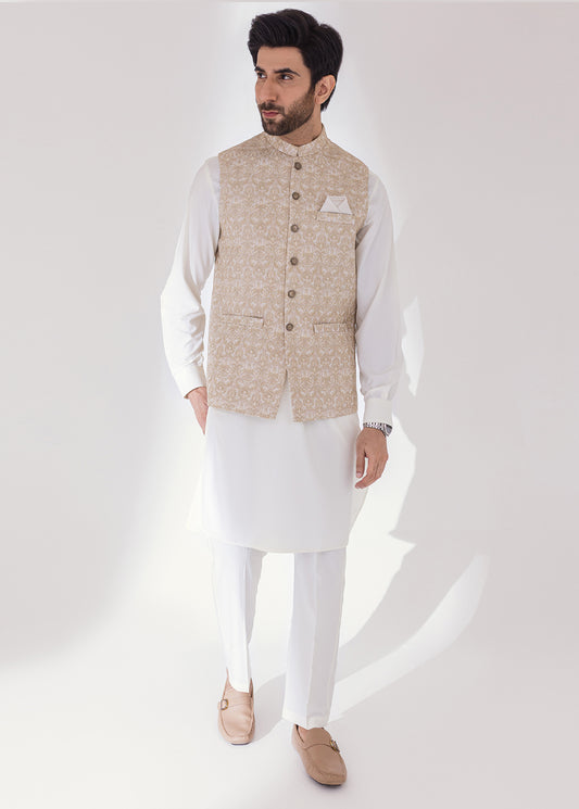 Light Fawn Men Waistcoat With Embroidery