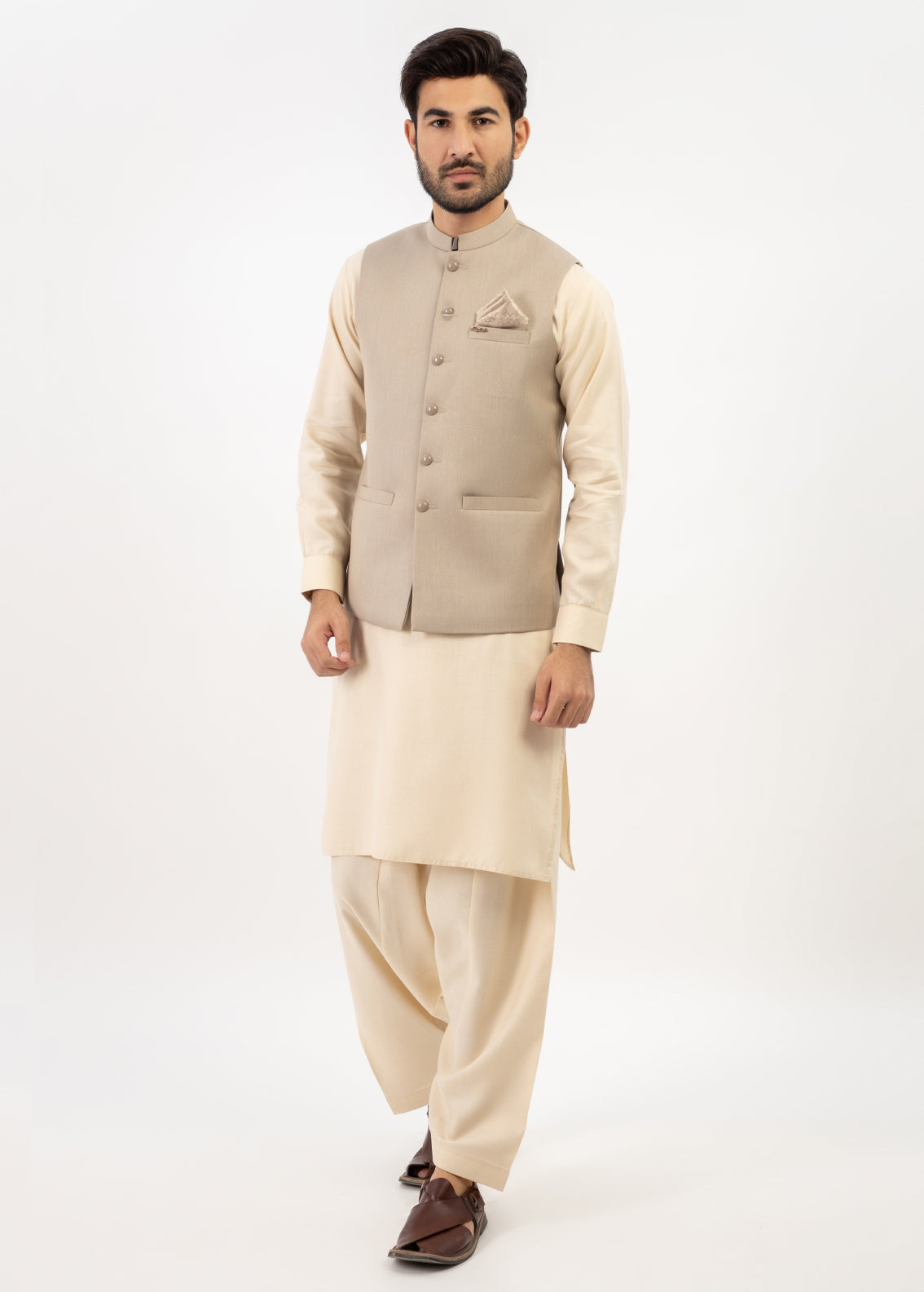 Men Shalwar Kameez With Waistcoat Light Fawn/Cream