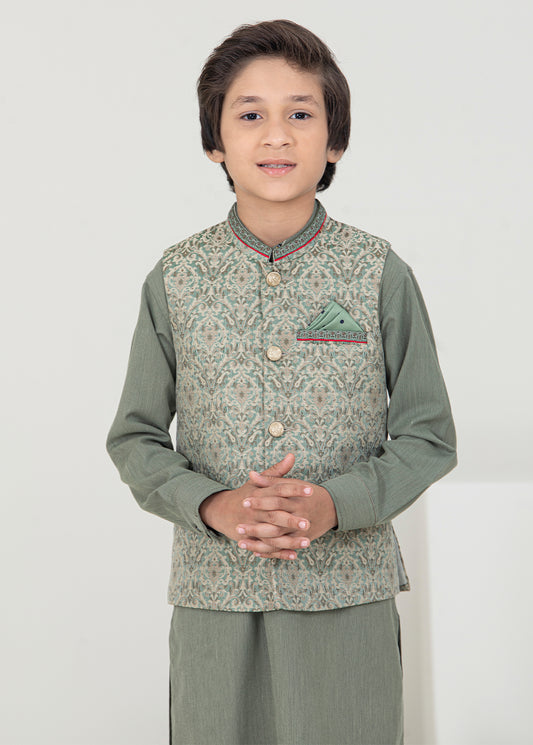 Kids Light Green Shalwar Kameez With Waistcoat