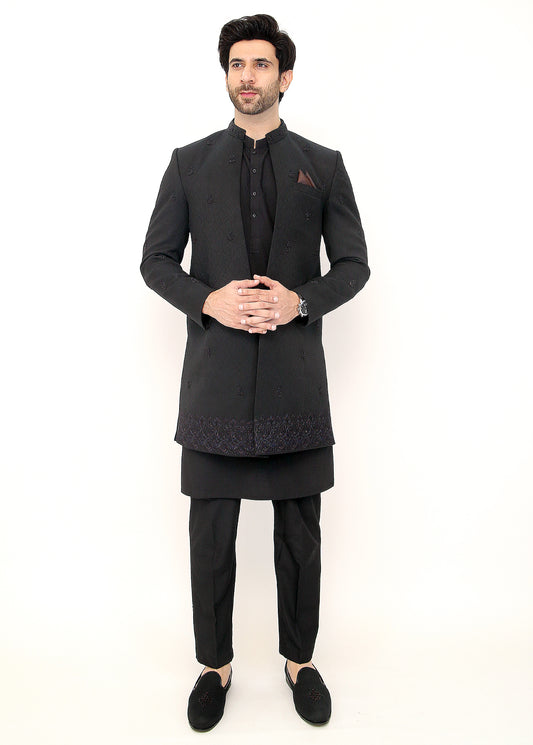 Black Embroidery Front Open Sherwani