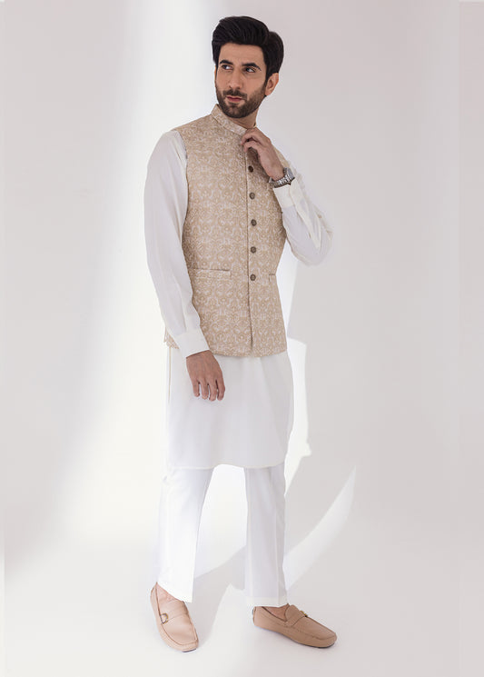 Light Fawn Men Waistcoat With Embroidery