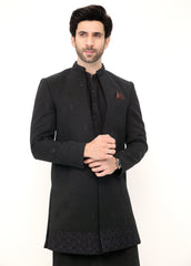 Black Embroidery Front Open Sherwani