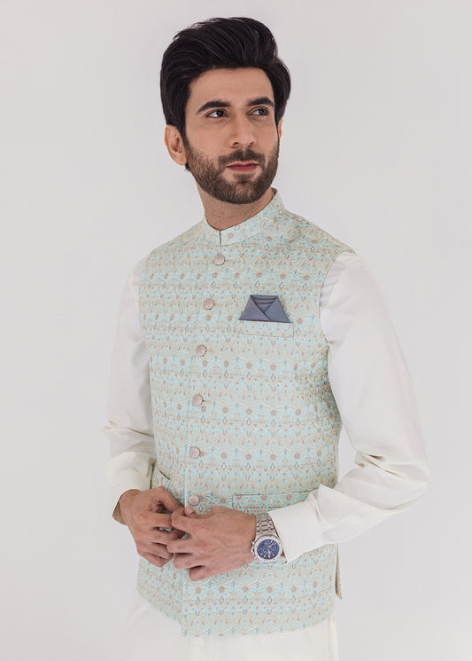 Light Blue Green Men Waistcoat