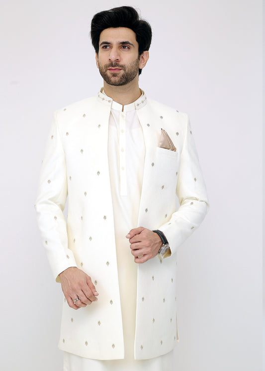 Off-White Embroidery Front Open Sherwani