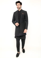 Black Embroidery Front Open Sherwani