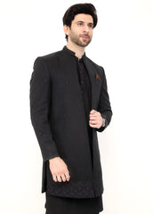 Black Embroidery Front Open Sherwani