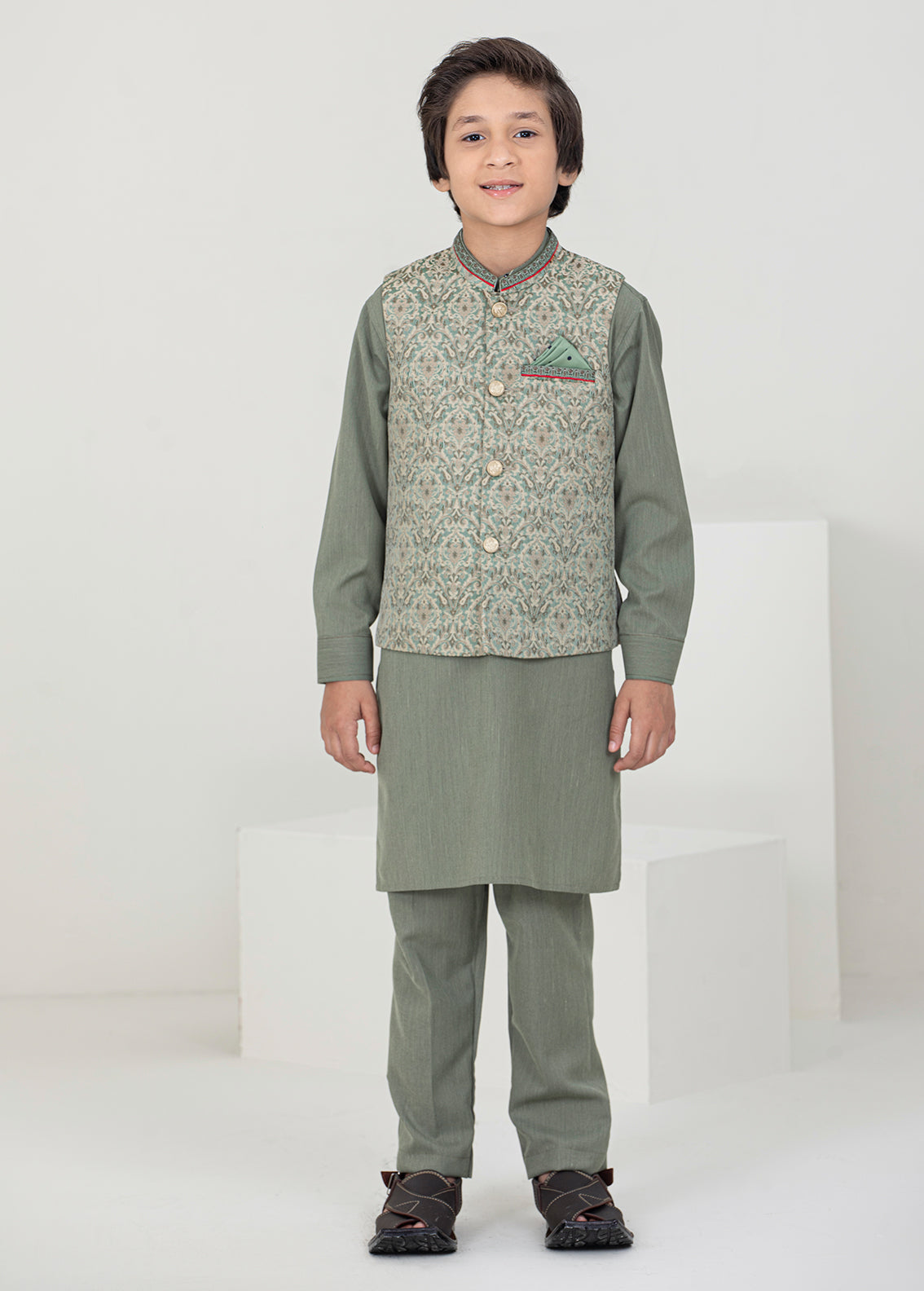 Kids Light Green Shalwar Kameez With Waistcoat