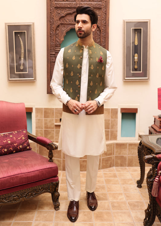 Mehndi Green Men Waistcoat