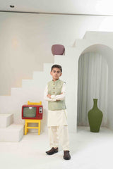 Sage Green Embossed Embroidered Waistcoat Suit KD - 25