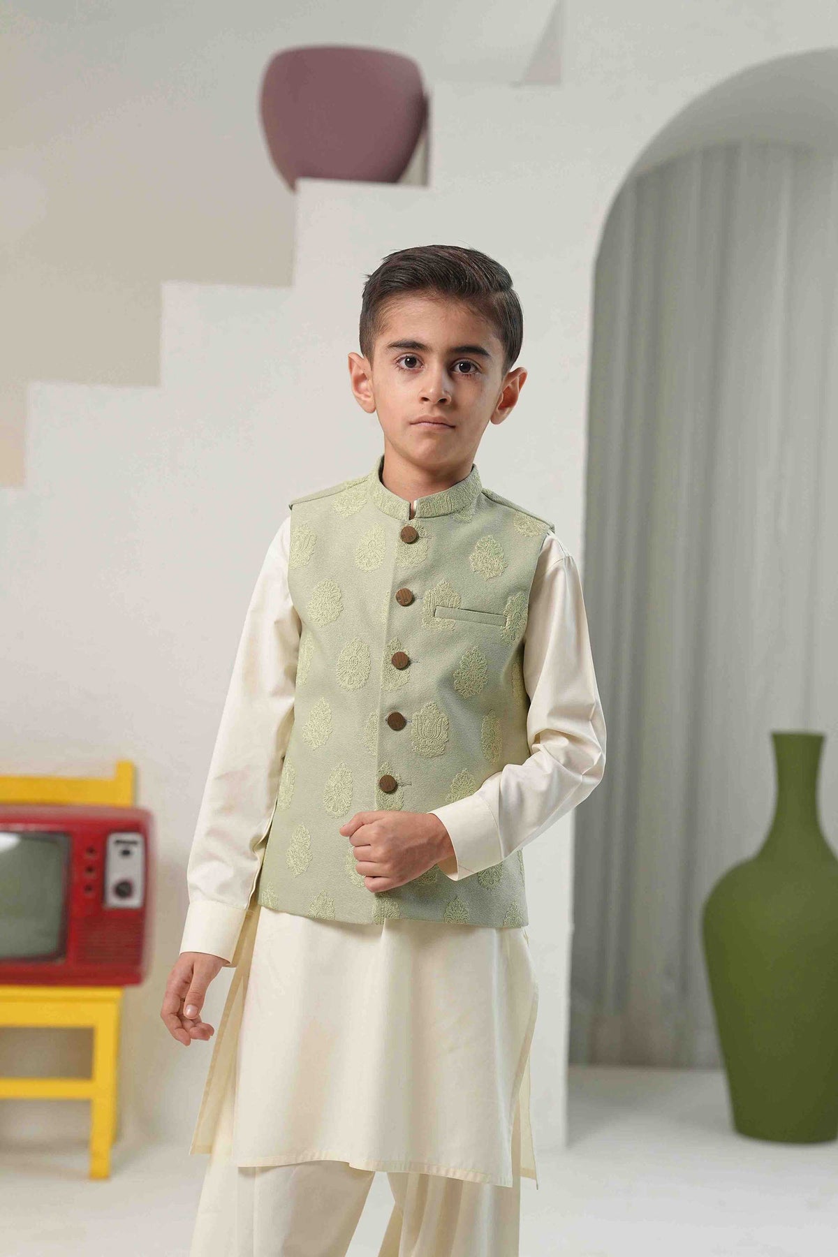 Sage Green Embossed Embroidered Waistcoat Suit KD - 25