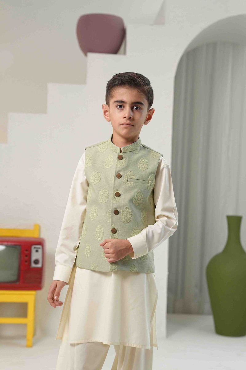 Sage Green Embossed Embroidered Waistcoat Suit KD - 25