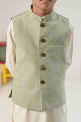 Sage Green Embossed Embroidered Waistcoat Suit KD - 25