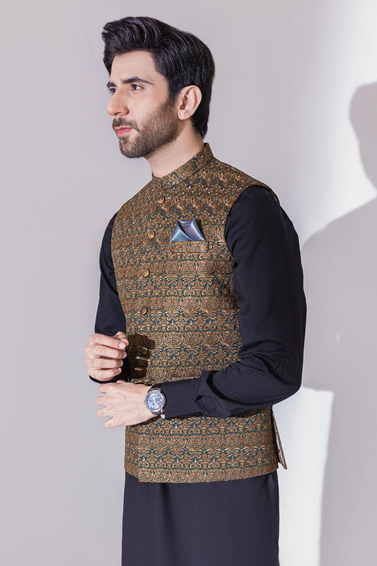 Men's Black and Brown Embroidered Waistcoat
