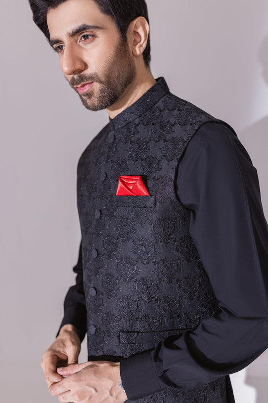 Full Embroidered Waistcoat - Black - Stylish Garments Pk