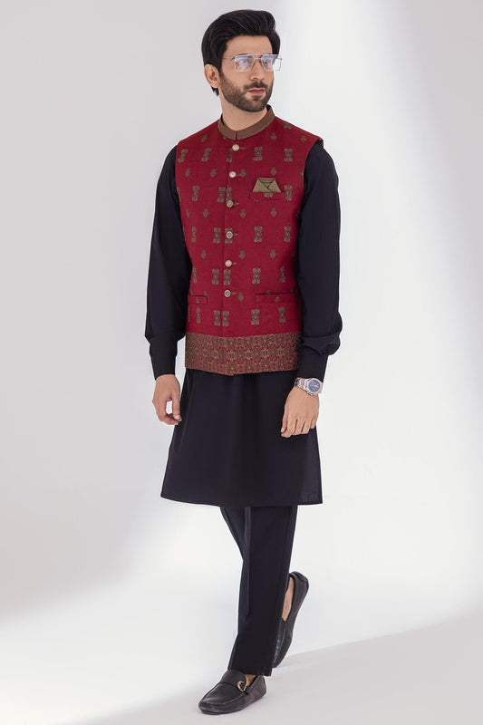 Full Embroidered Waistcoat - Red