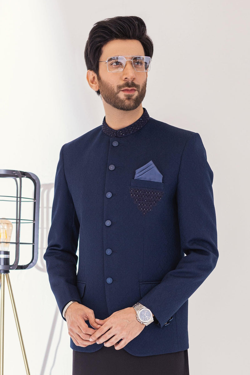 Hand Embroidered Prince Coat - Navy Blue