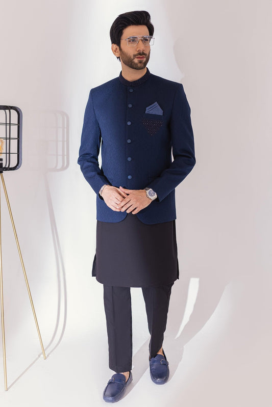 Hand Embroidered Prince Coat - Navy Blue