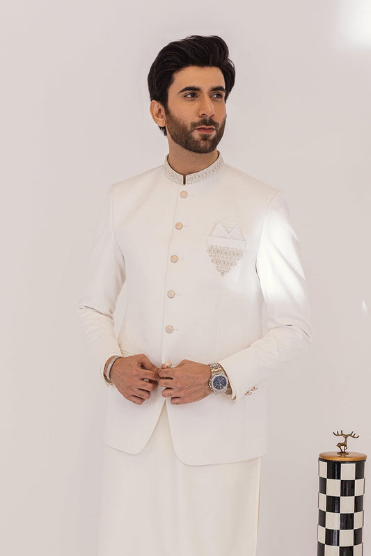 Hand Embroidered Prince Coat - White