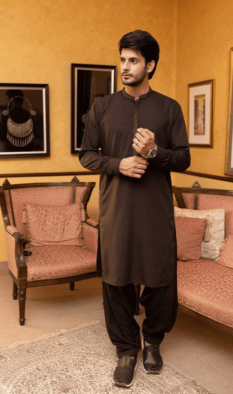 Men Shalwar Kameez - Dark Brown - Stylish Garments