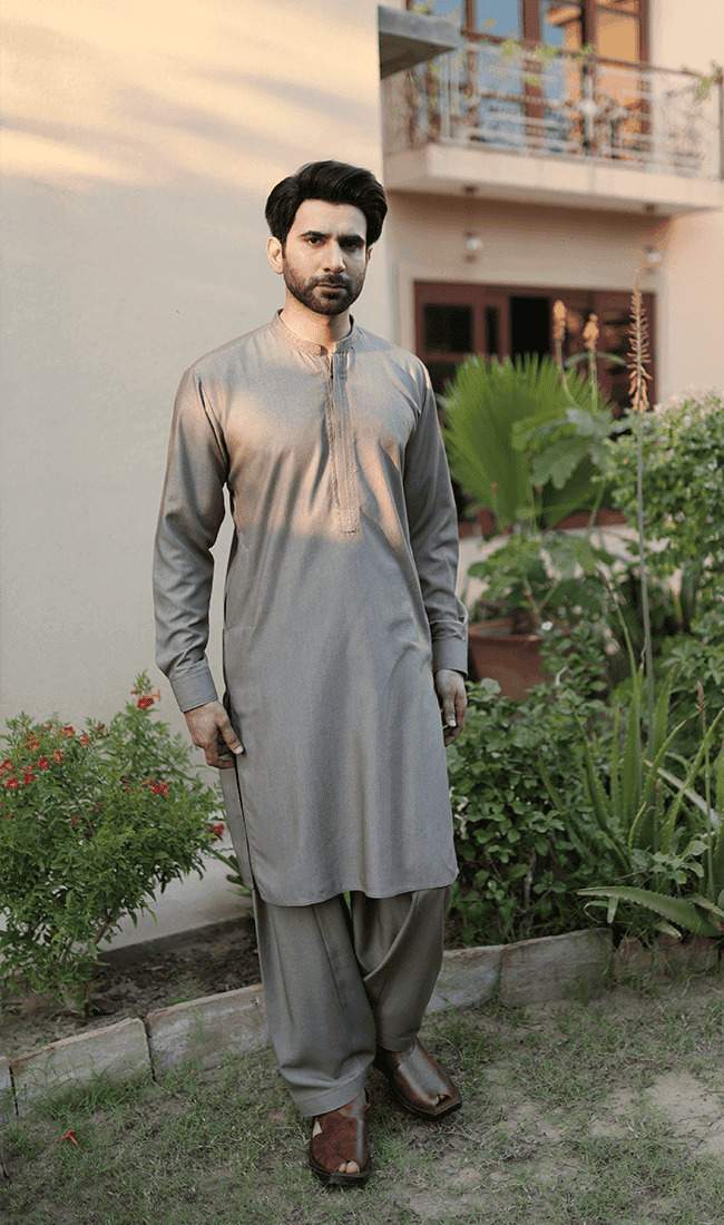 Men Shalwar Kameez - Light Grey - Stylish Garments