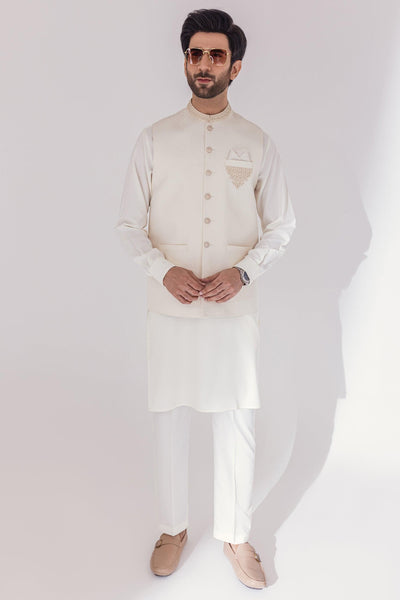 Men Waist Coat - Off-White - Stylish Garments Pk