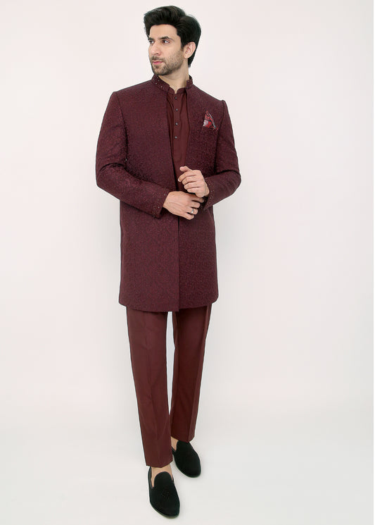 Mehroon Embroidery Front Open Sherwani