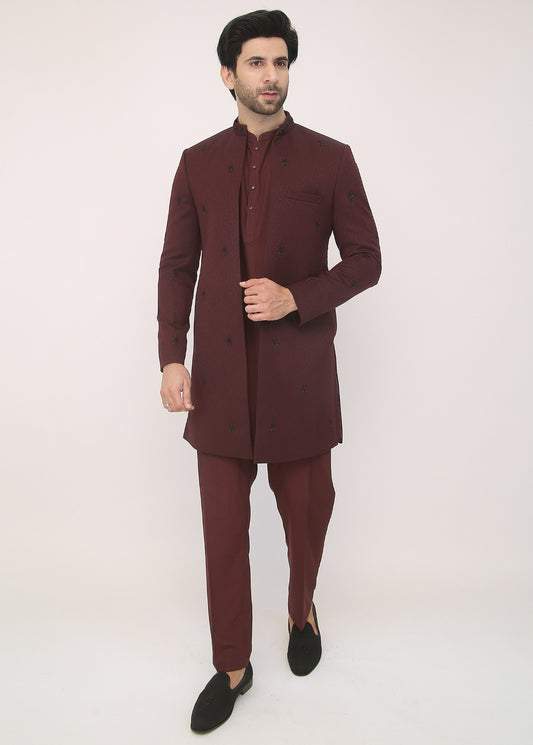 M Mehroon Embroidery Front Open Sherwani