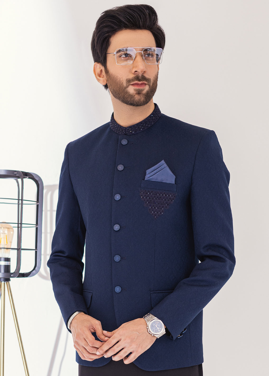 Navy Blue Hand Embroidered Prince Coat