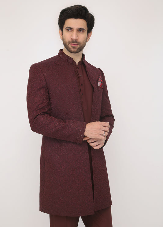 Mehroon Embroidery Front Open Sherwani