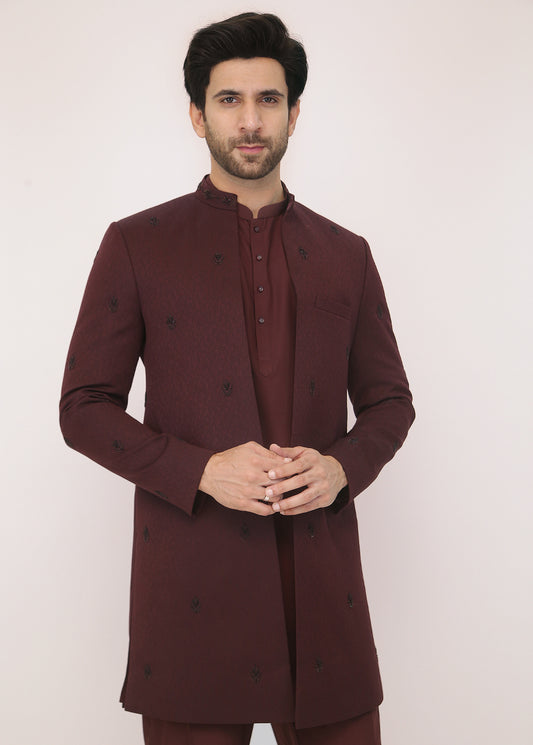 M Mehroon Embroidery Front Open Sherwani