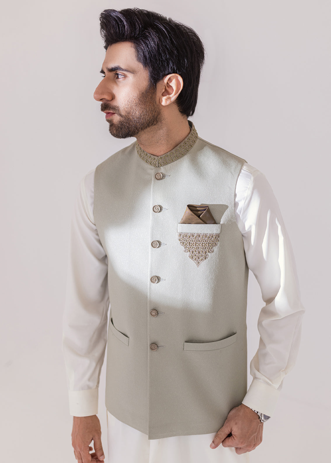 Light Green Embroidered Waistcoat For Men's