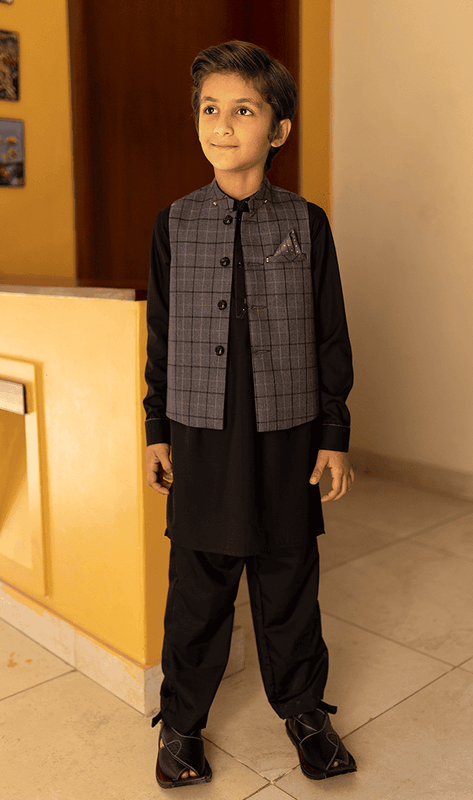 Kids Shalwar kameez with waistcoat - Grey - Stylish Garments Pk